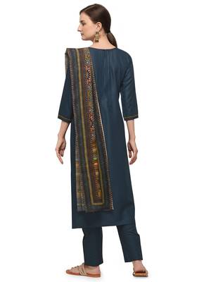 Peacock Blue Color Printed Dupatta Unstitched Dress Material 2