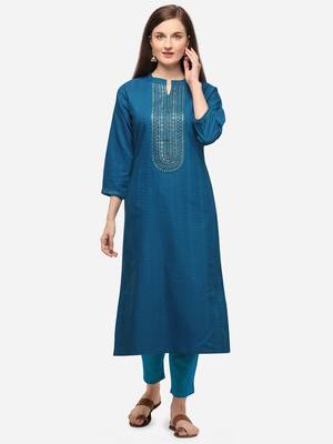 Turquoise Blue Color Embroidered Straight Kurta 1