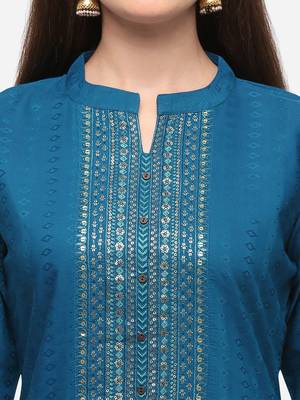 Turquoise Blue Color Embroidered Straight Kurta 4