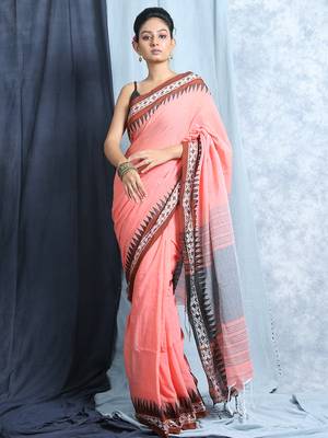 Peach Cotton Saree With Woven Border And Blouse 1