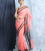 Peach Cotton Saree With Woven Border And Blouse