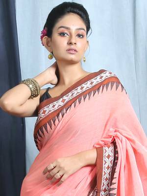 Peach Cotton Saree With Woven Border And Blouse 2