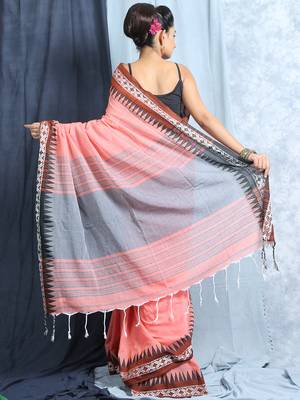 Peach Cotton Saree With Woven Border And Blouse 4