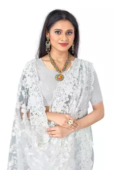 White Embroidered Net Saree With Blouse