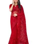 Red Embroidered Net Saree With Blouse