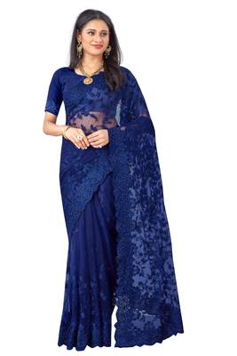 Navy Blue Embroidered Net Saree With Blouse 1