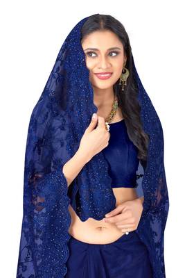 Navy Blue Embroidered Net Saree With Blouse 2
