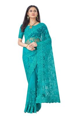 Turquoise Embroidered Net Saree With Blouse 1