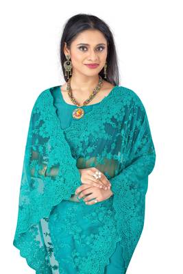Turquoise Embroidered Net Saree With Blouse 2