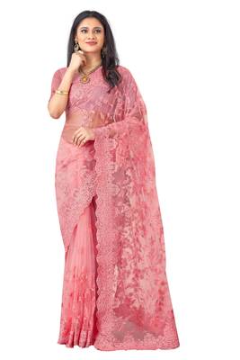 Pink Embroidered Net Saree With Blouse 1