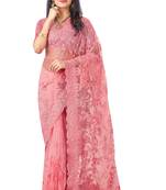 Pink Embroidered Net Saree With Blouse