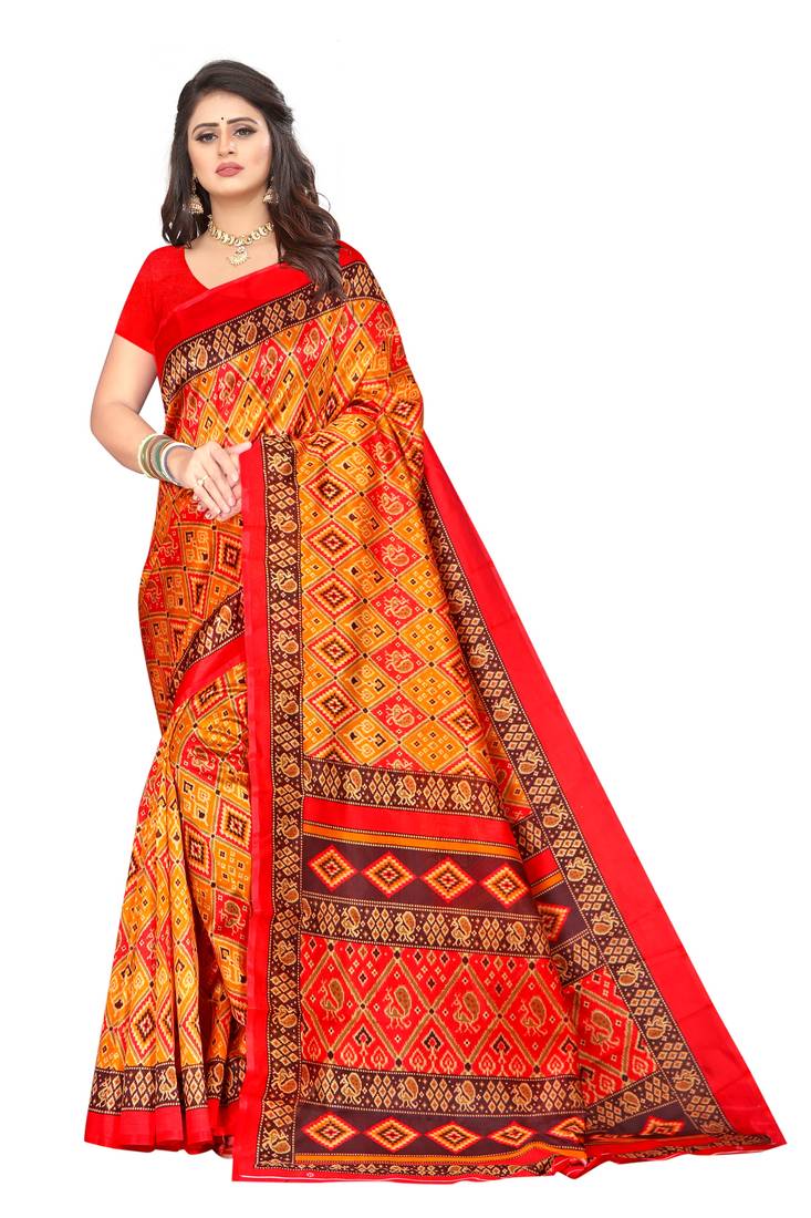 Yellow printed art silk saree with blouse