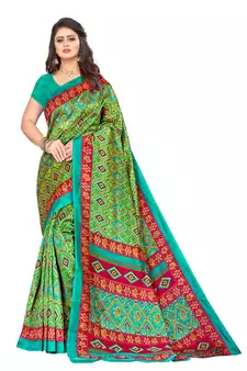 Green printed art silk saree with blouse