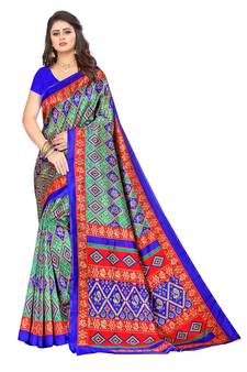 Blue printed art silk saree with blouse