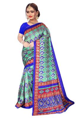 Blue printed art silk saree with blouse 5