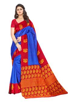 Blue printed art silk saree with blouse