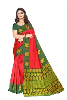 Red printed art silk saree with blouse