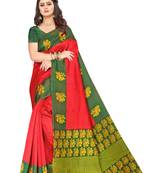 Red printed art silk saree with blouse