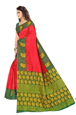 Red printed art silk saree with blouse 2