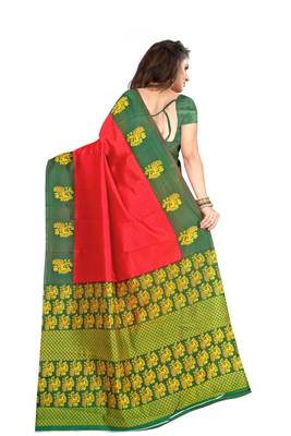Red printed art silk saree with blouse 3