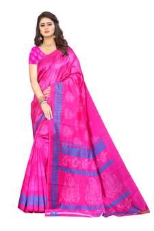 Pink printed art silk saree with blouse