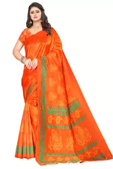Orange printed art silk saree with blouse