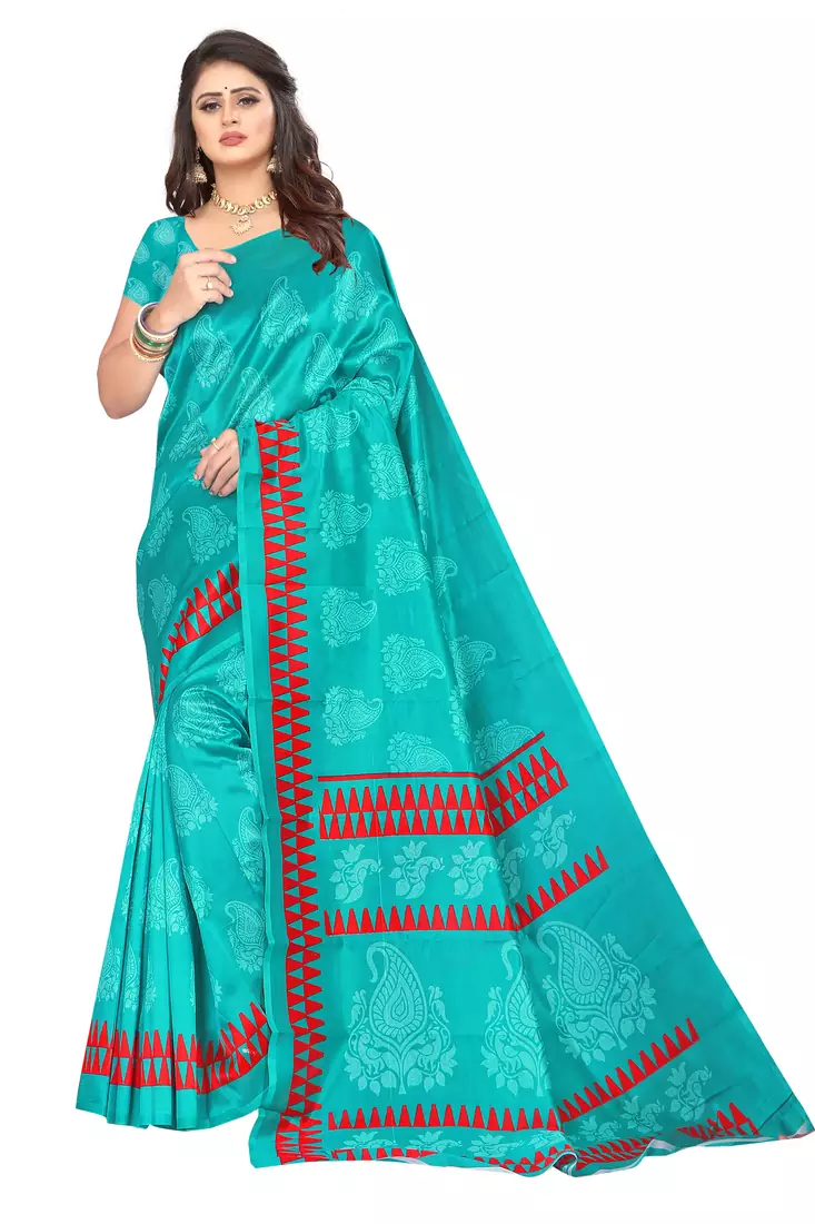 Sky blue printed art silk saree with blouse