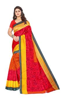 Red printed art silk saree with blouse
