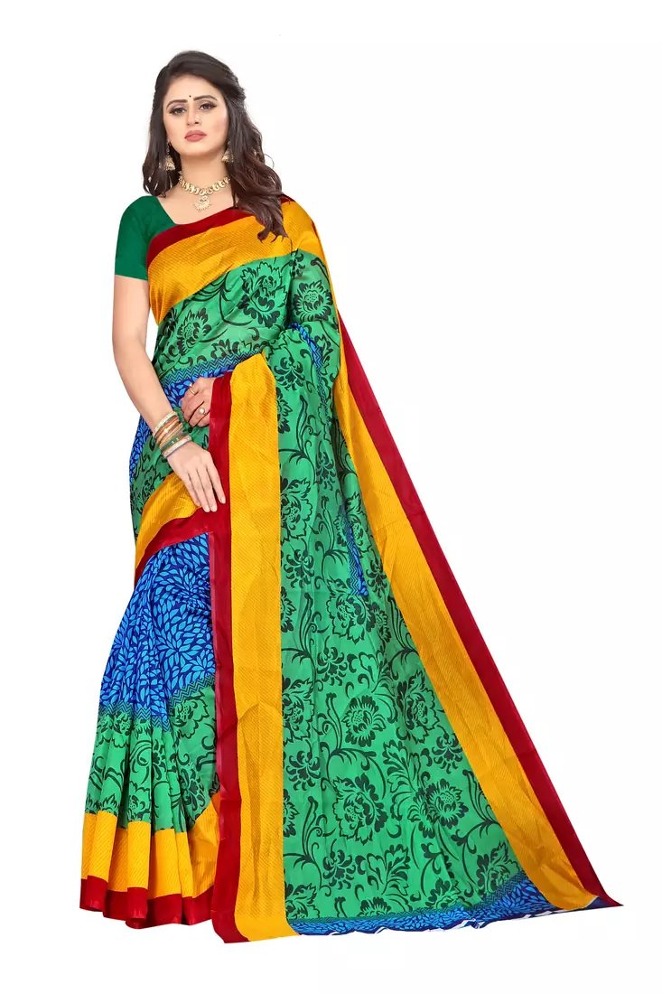 Green printed art silk saree with blouse