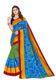 Multicolor printed art silk saree with blouse