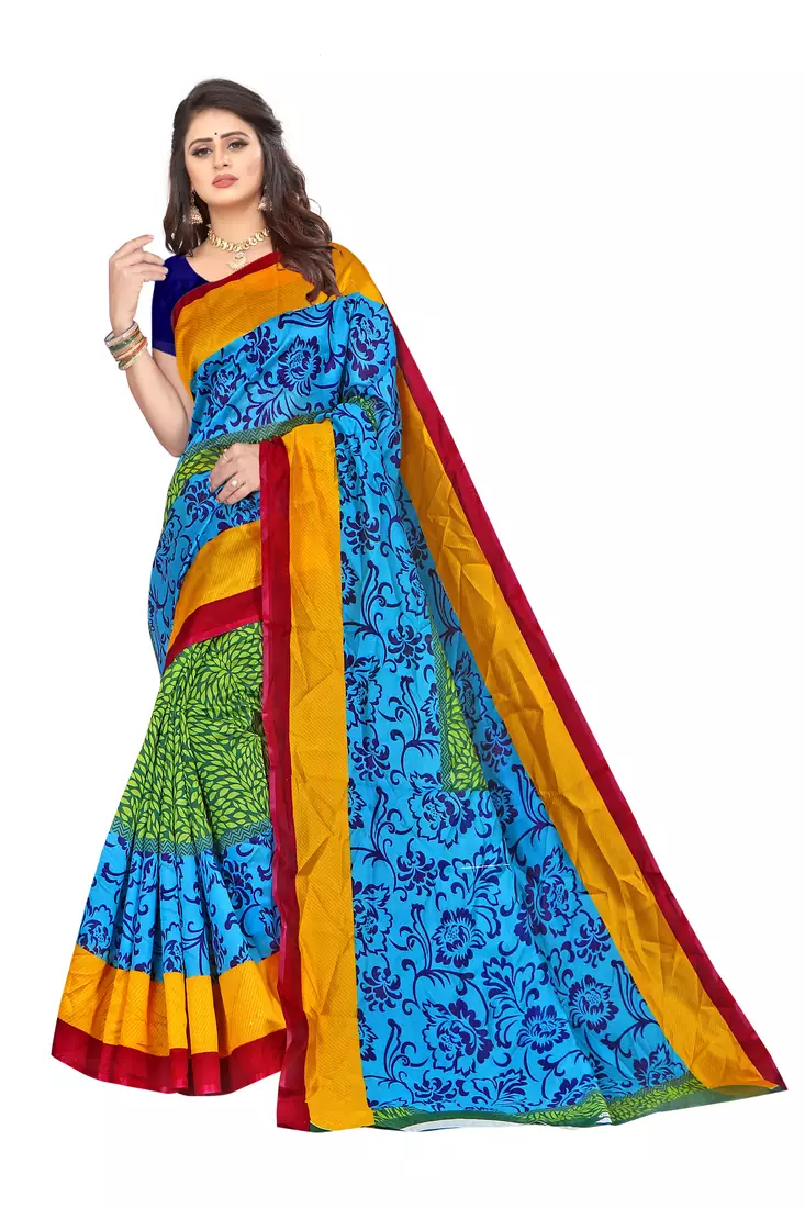 Multicolor printed art silk saree with blouse