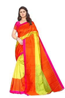 Orange printed art silk saree with blouse