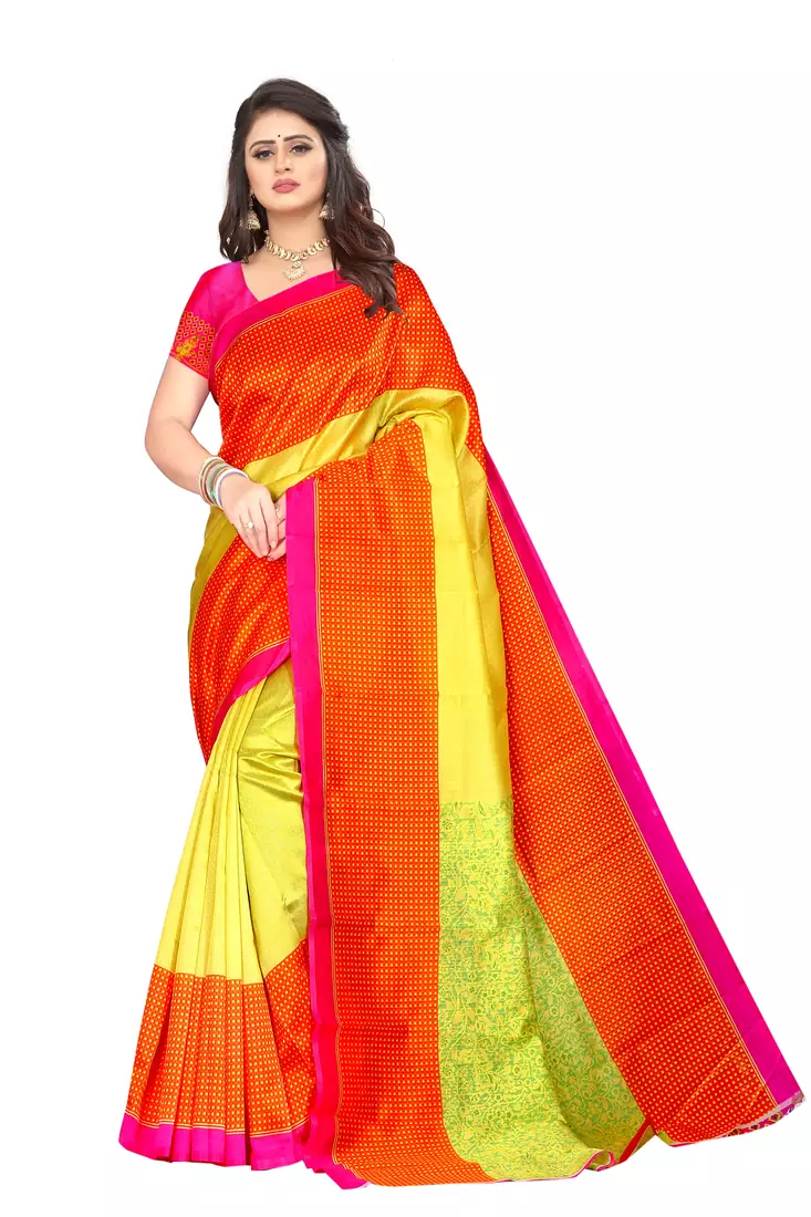 Orange printed art silk saree with blouse