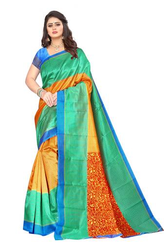 Beige printed art silk saree with blouse