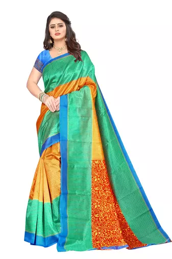 Beige printed art silk saree with blouse