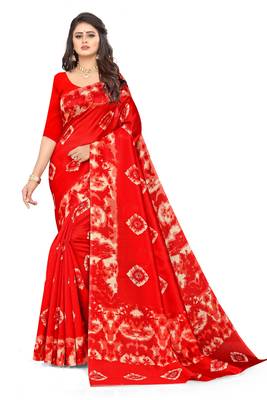 Red printed art silk saree with blouse 1