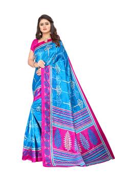 Sky blue printed art silk saree with blouse
