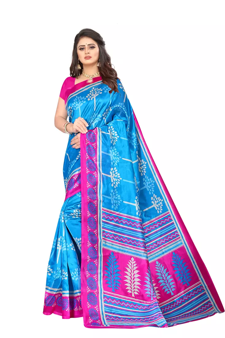 Sky blue printed art silk saree with blouse
