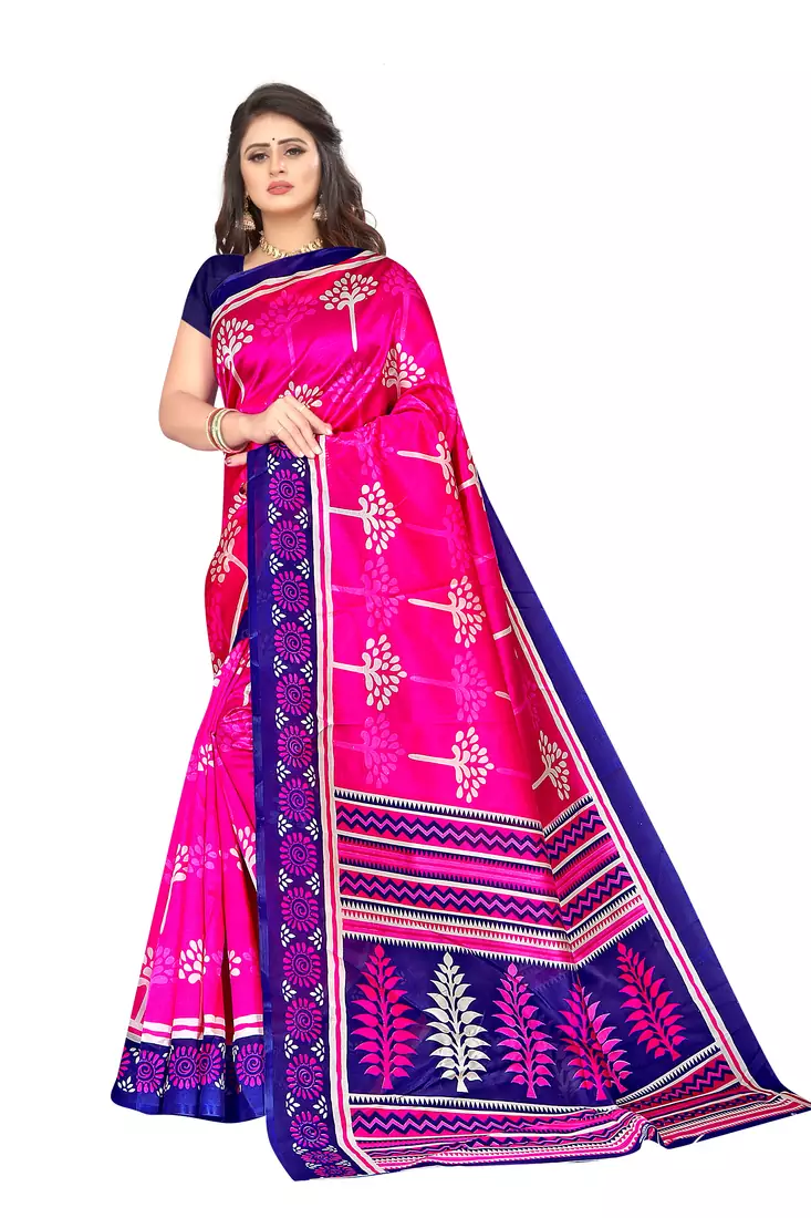 Pink printed art silk saree with blouse