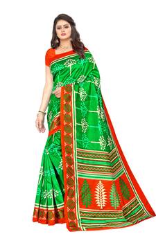 Green printed art silk saree with blouse