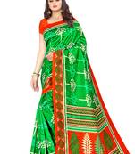 Green printed art silk saree with blouse