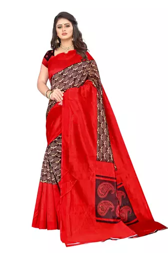 Red printed art silk saree with blouse