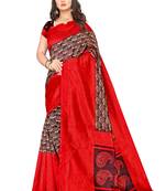 Red printed art silk saree with blouse