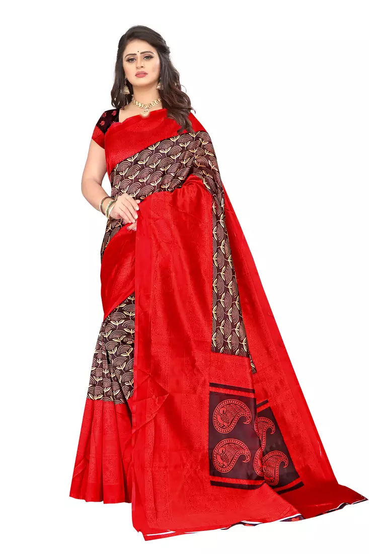 Red printed art silk saree with blouse