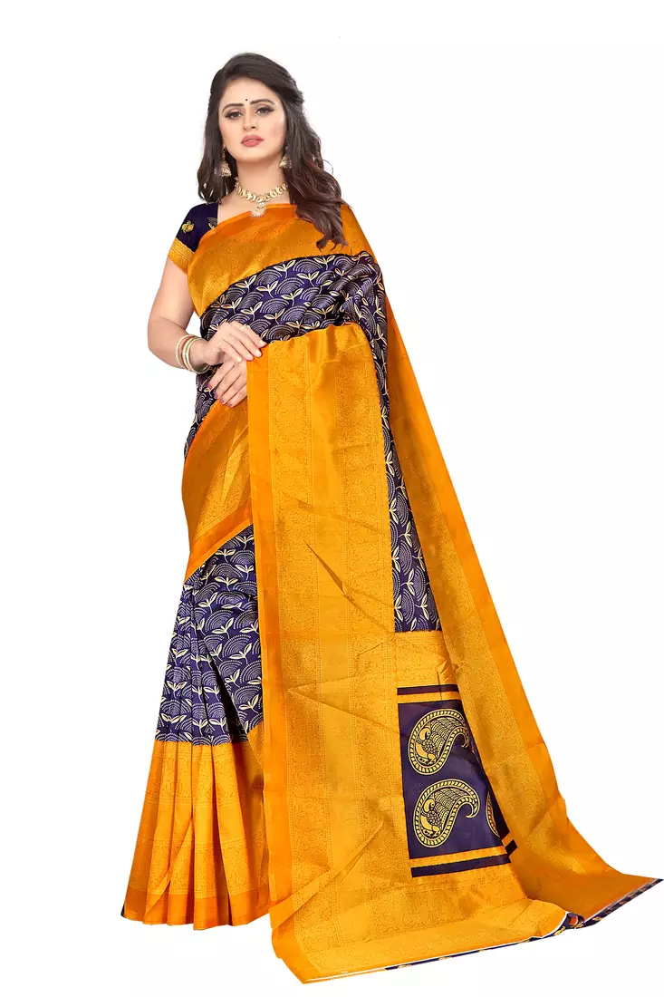 Multicolor printed art silk saree with blouse
