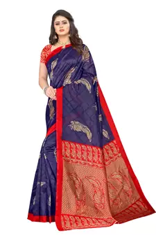 Blue printed art silk saree with blouse