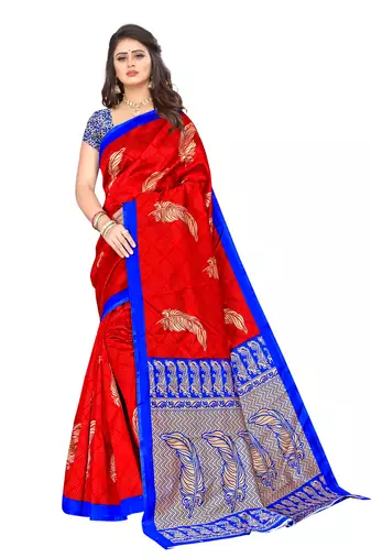 Red printed art silk saree with blouse
