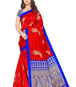 Red printed art silk saree with blouse
