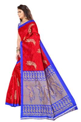 Red printed art silk saree with blouse 2