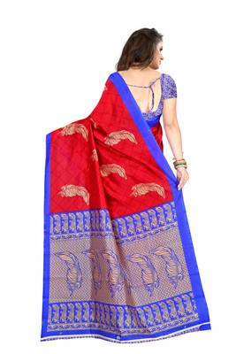 Red printed art silk saree with blouse 3